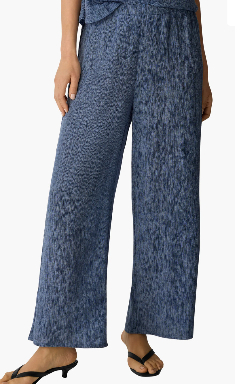 Eileen Fisher woven plisse wide leg pull on pants Navy Tencel Med Boho Resort